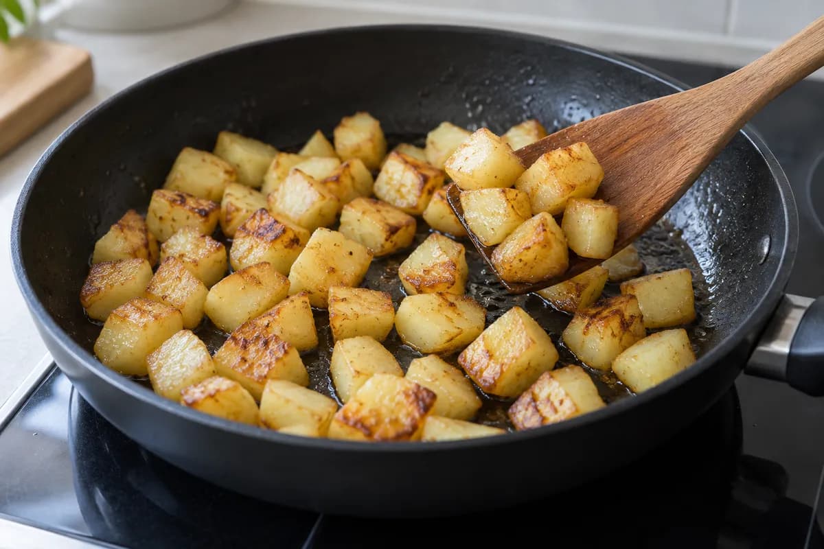 Potato cubes browning in a single layer in a wide skillet.