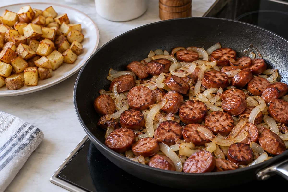 Cooked sausage coins and onion soften in the skillet while potatoes wait on a plate.