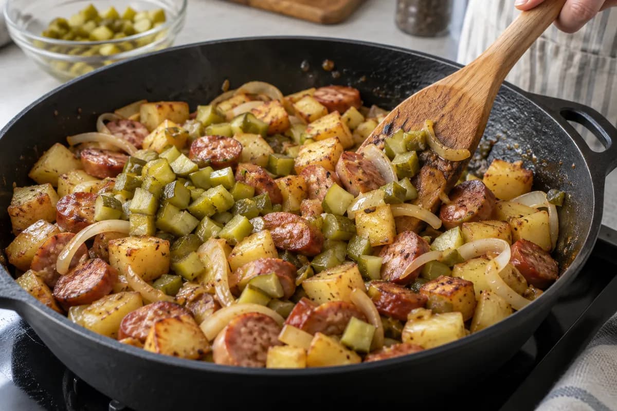 Diced pickles folded into the hot potato, sausage and onion mixture.