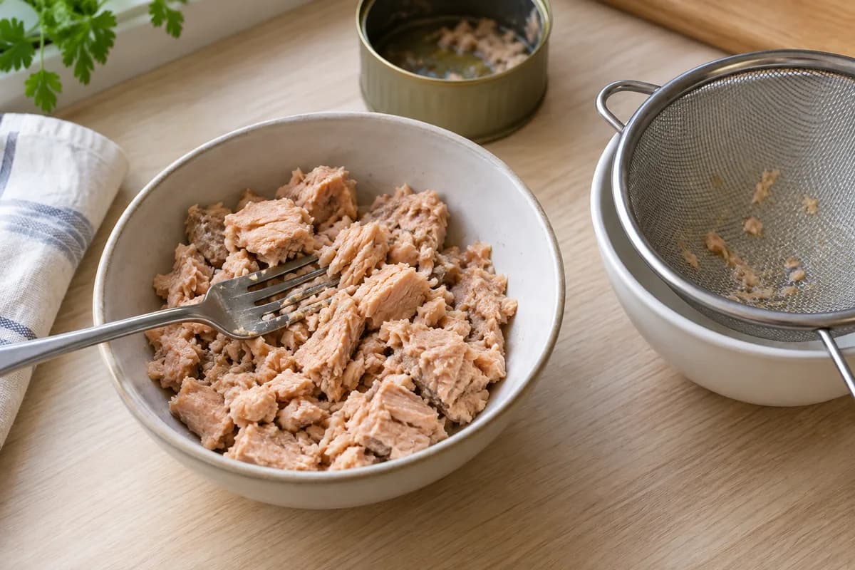 Drained canned smoked salmon separated into firm flakes