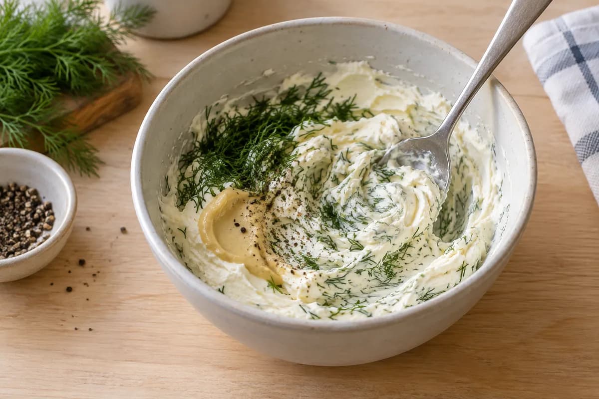 Dill and mustard being mixed into cream cheese