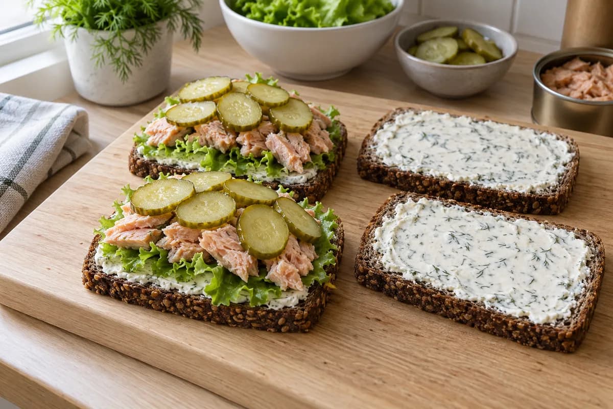 Rye bread layered with lettuce, flaked smoked salmon and pickle slices