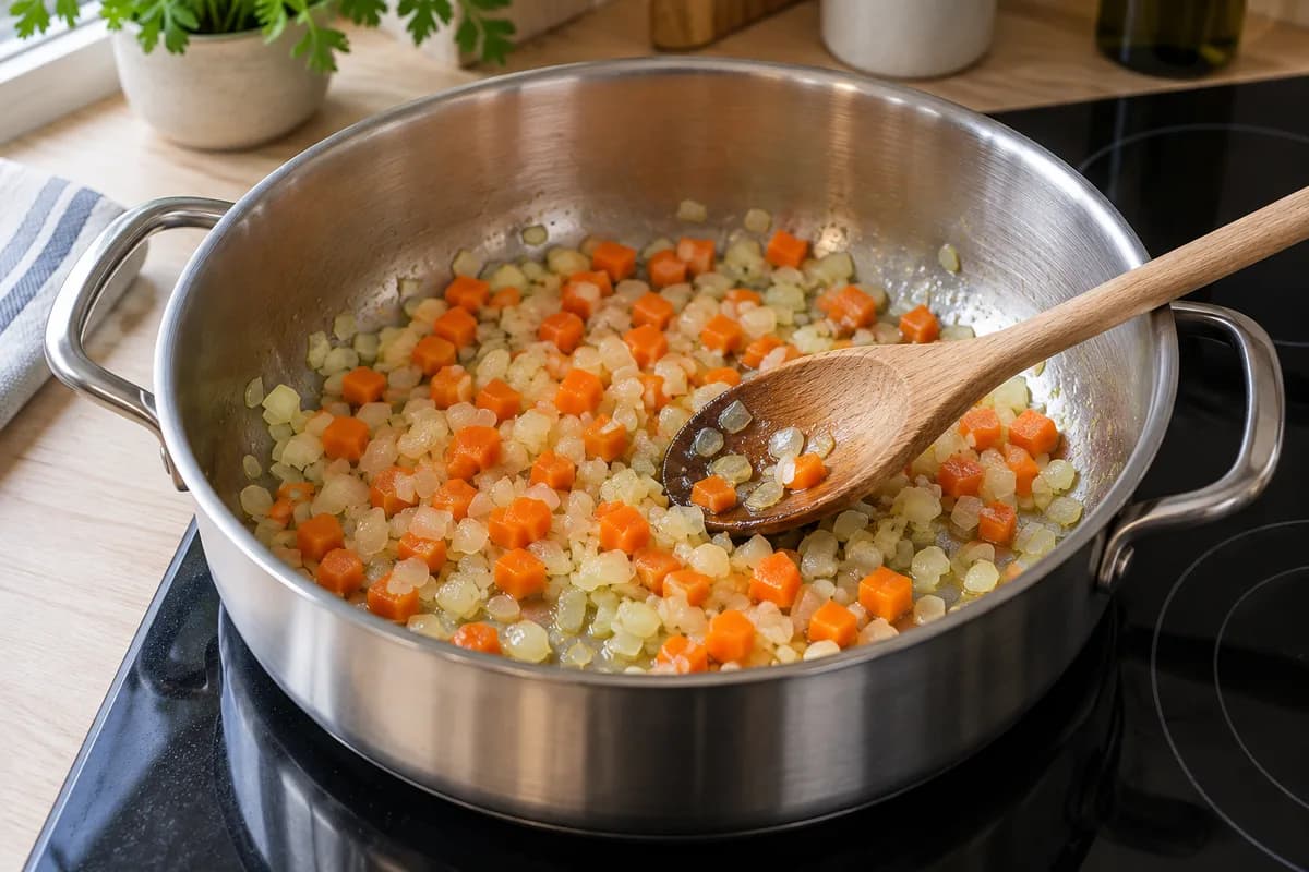 Diced onion and carrot softening in oil in a stainless steel saucepan
