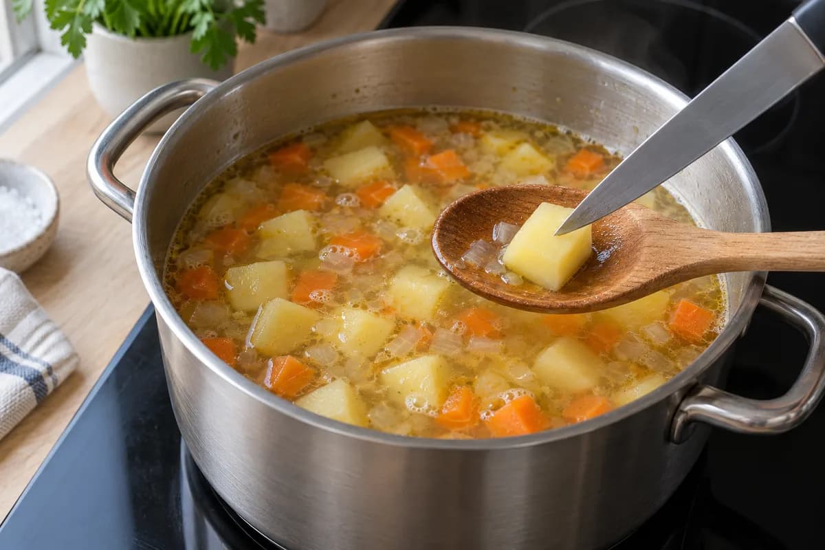 Potato cubes simmering with carrot and onion in clear broth