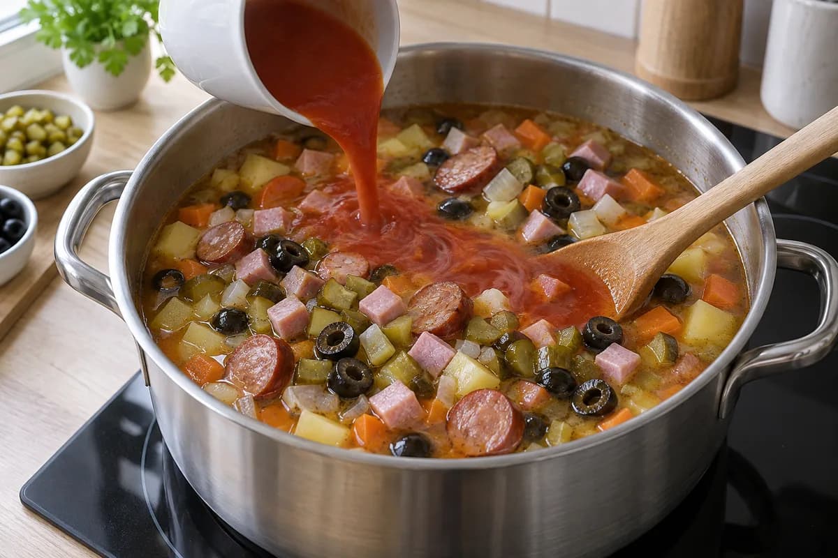 Tomato mixture being stirred into soup with ham, sausage, pickles and olives