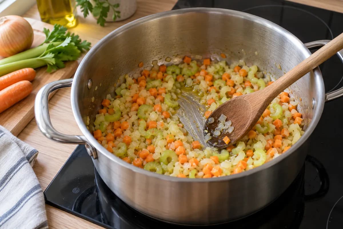 Onion, carrot and celery softening in a saucepan