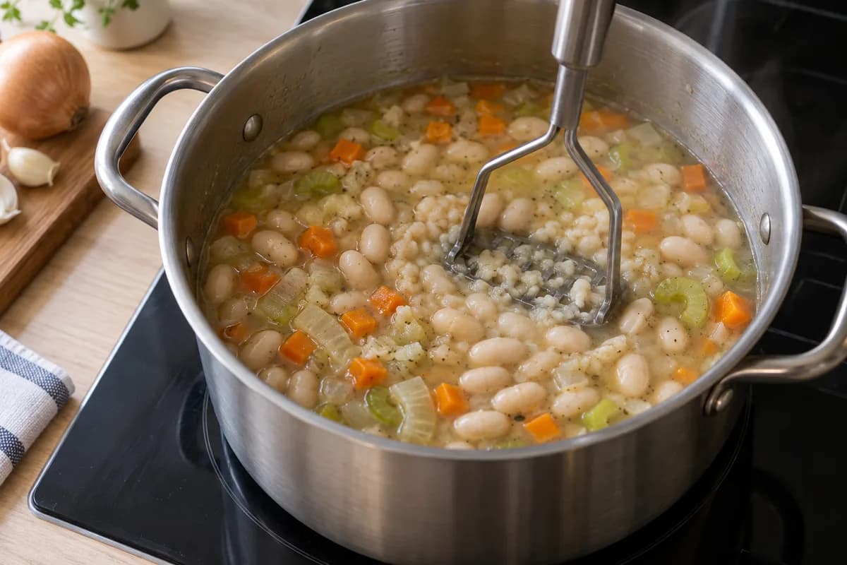A potato masher pressing some white beans in vegetable broth