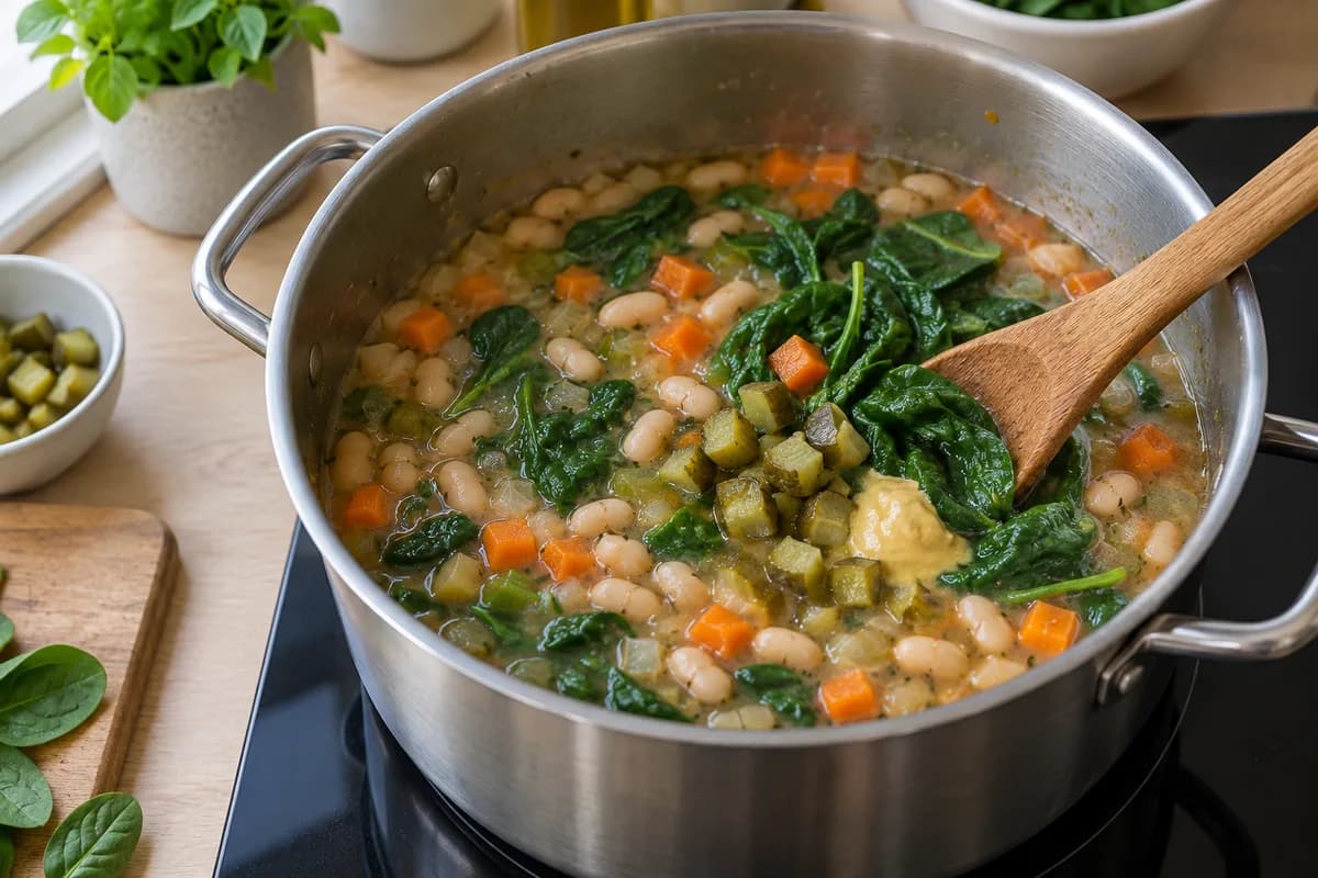 Spinach wilting among white beans, carrot and diced pickles